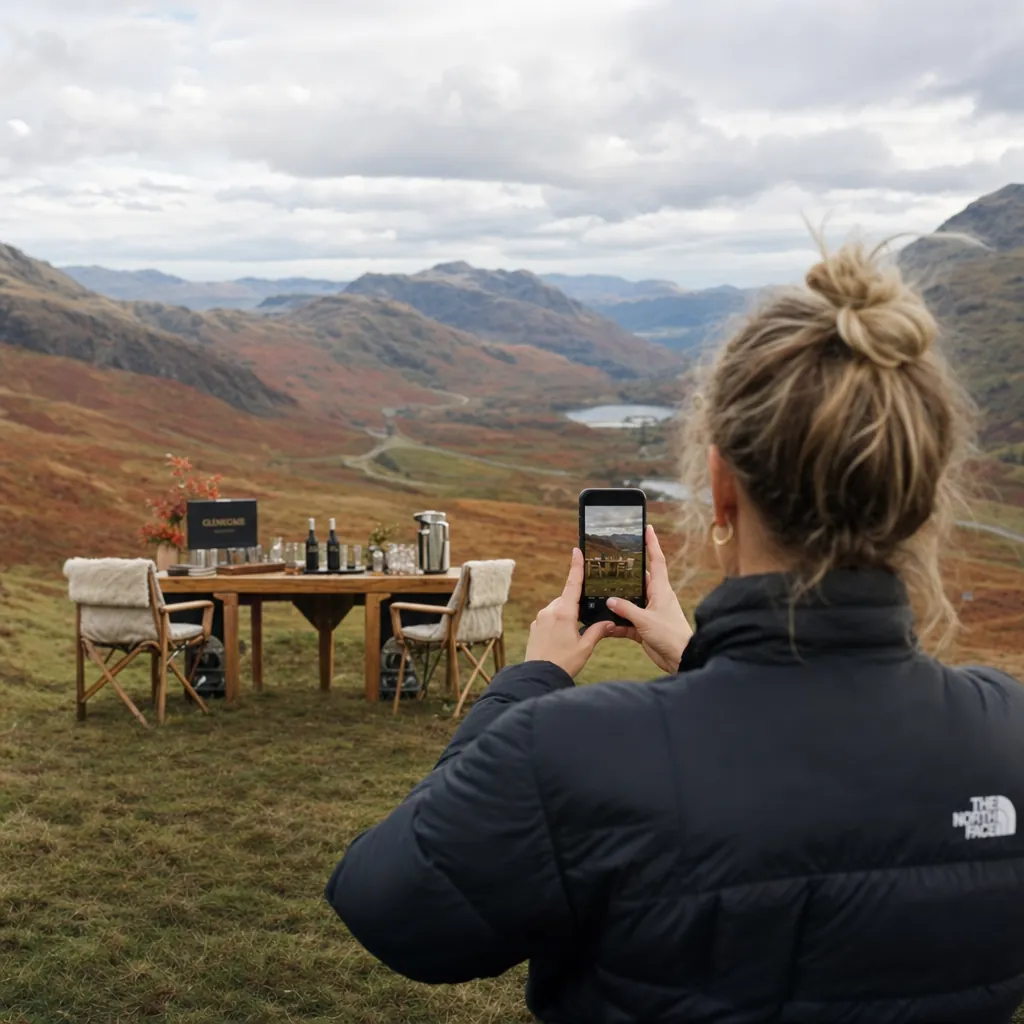 Influencer seen from behind holding a smartphone capturing a brand moment against a backdrop of vibrant autumn fells and ruska forest