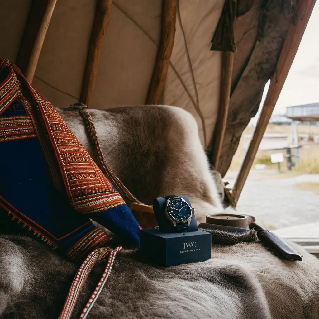 Close-up of a premium brand lounge inside a Sámi kota, a high-end product displayed on textured reindeer hide, soft natural light through the kota opening