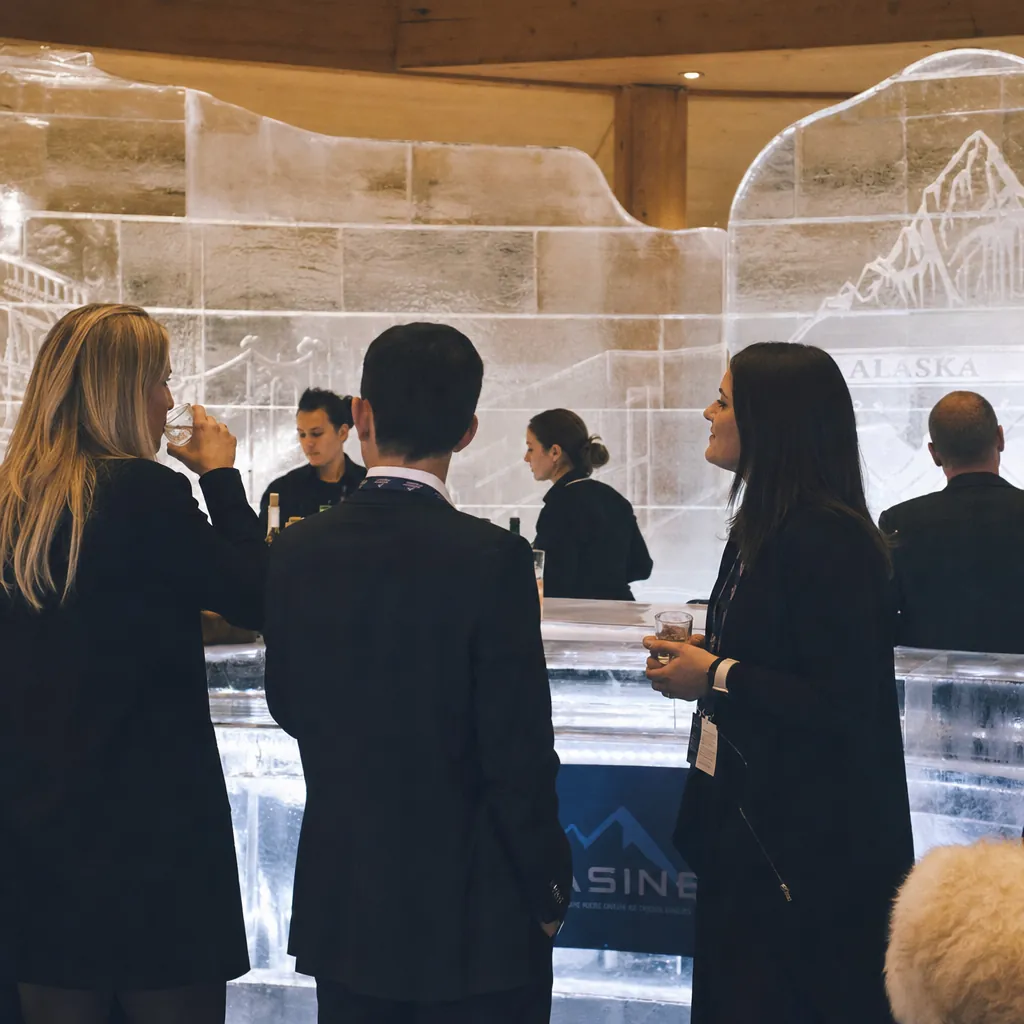 Networking inside a modern ice bar, delegates seen in profile and from behind holding clear drinks, warm interior lamps reflecting off ice walls