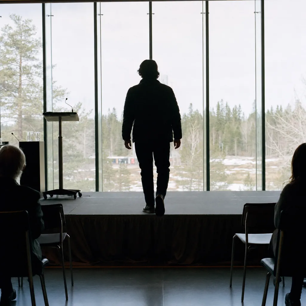 Silhouette of a speaker walking onto a backlit stage inside a glass-dome venue, thawing forest edges visible through the glass walls