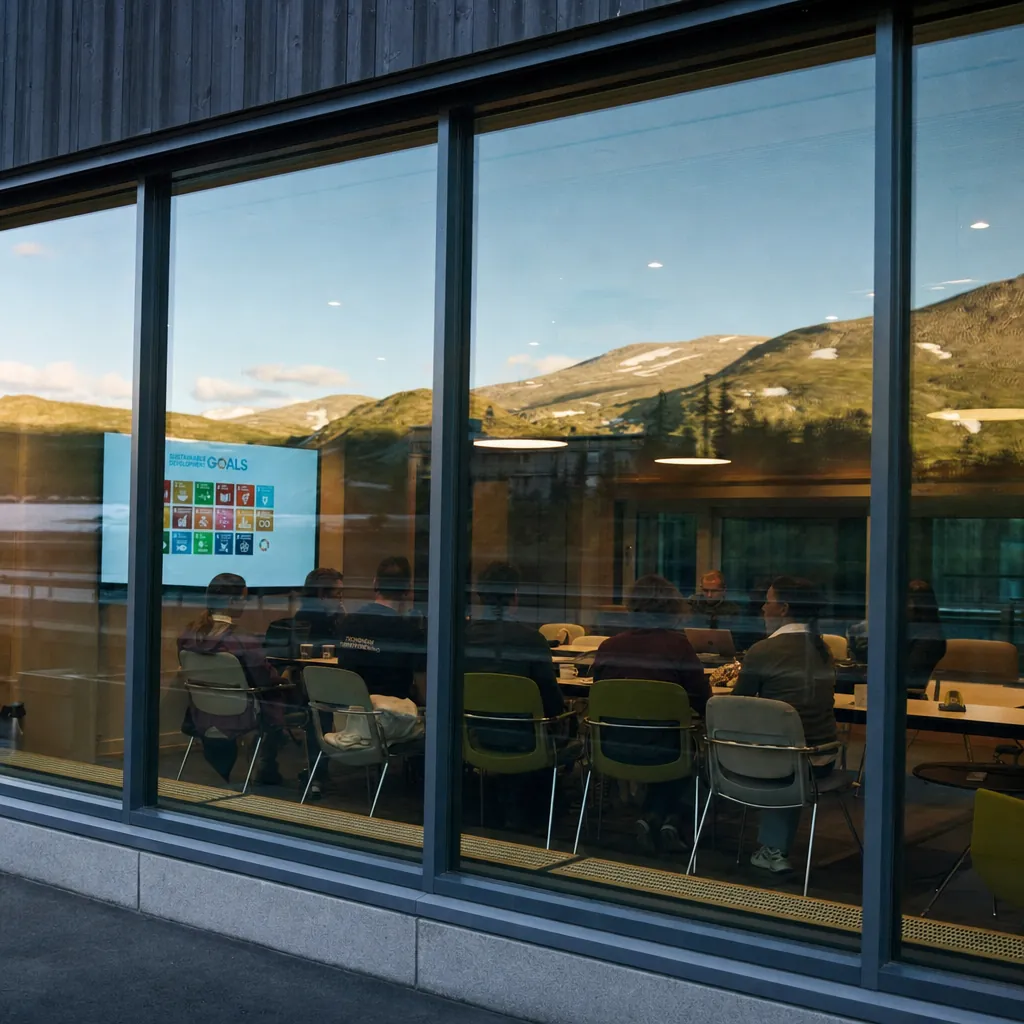 Exterior view into a main glass conference room with a bright presentation screen, surrounding green fells reflected on the glass under the midnight sun