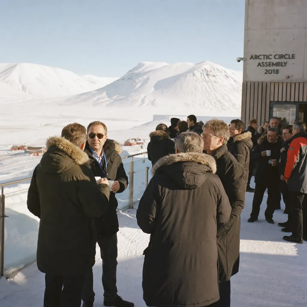 Coffee-break on a wide snow-covered terrace outside a conference venue, small groups of delegates in premium Arctic parkas with steaming ceramic mugs