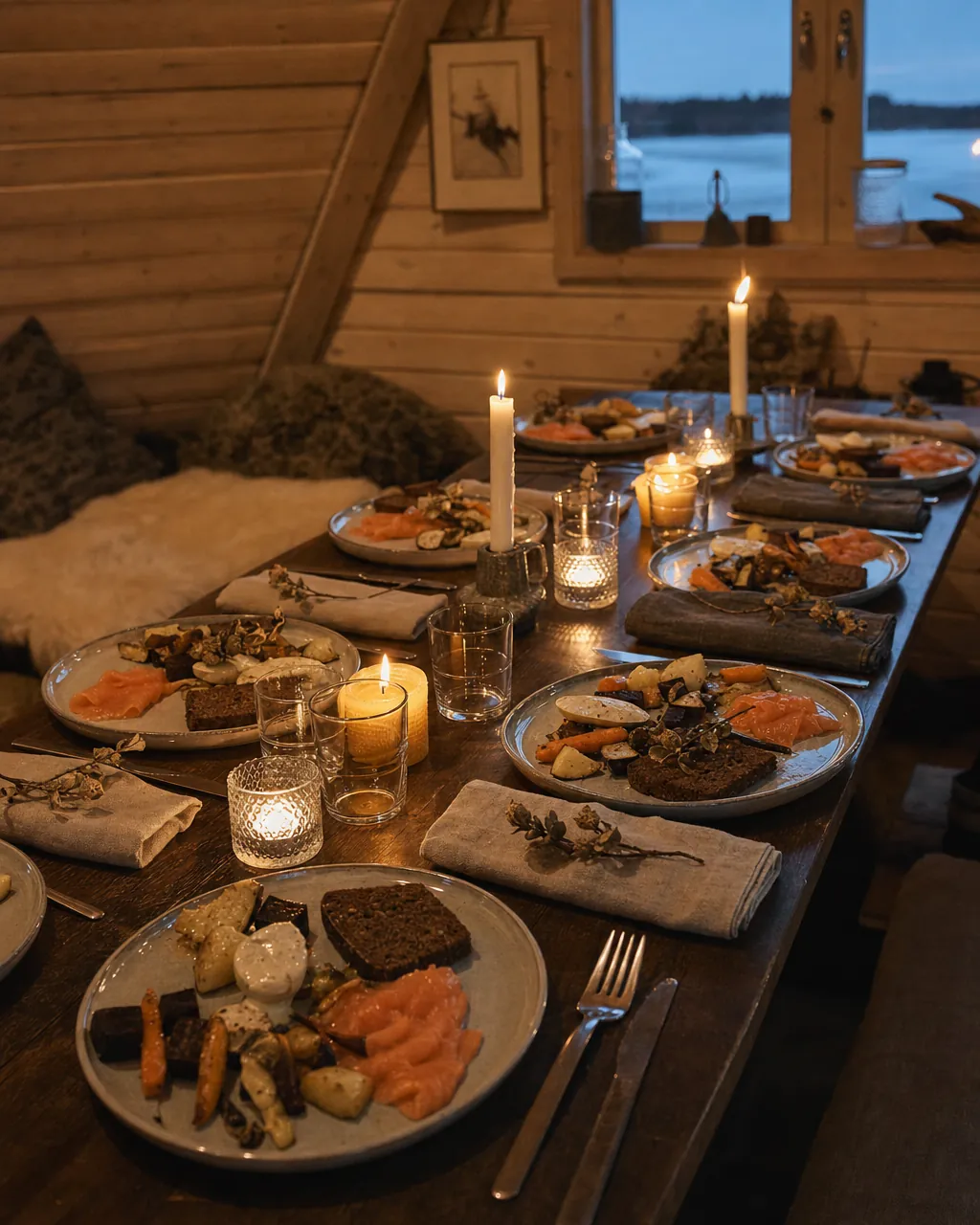 Long wooden table set for a wilderness dinner inside a warm timber kota, candle-lit, plated Nordic food — the quiet half of a team programme