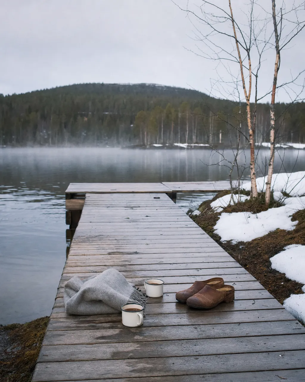 Aavasaksa fell top at golden midnight sun with mist rising off a thawing river valley below, Finnish Lapland spring
