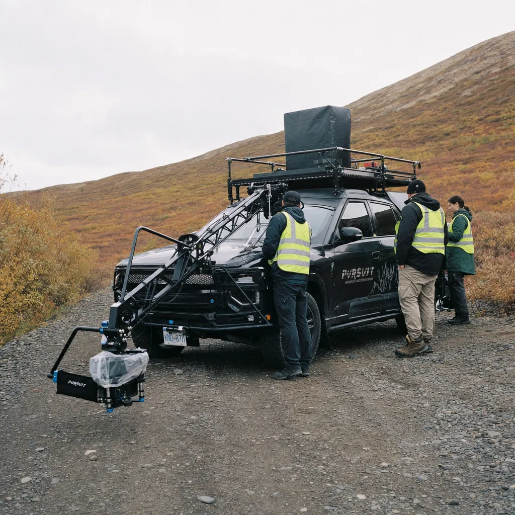Ice-driving camera rig — black pursuit vehicle with crane arm — setting up on a gravel road surrounded by autumn ruska colours, crew in high-vis vests checking the rig