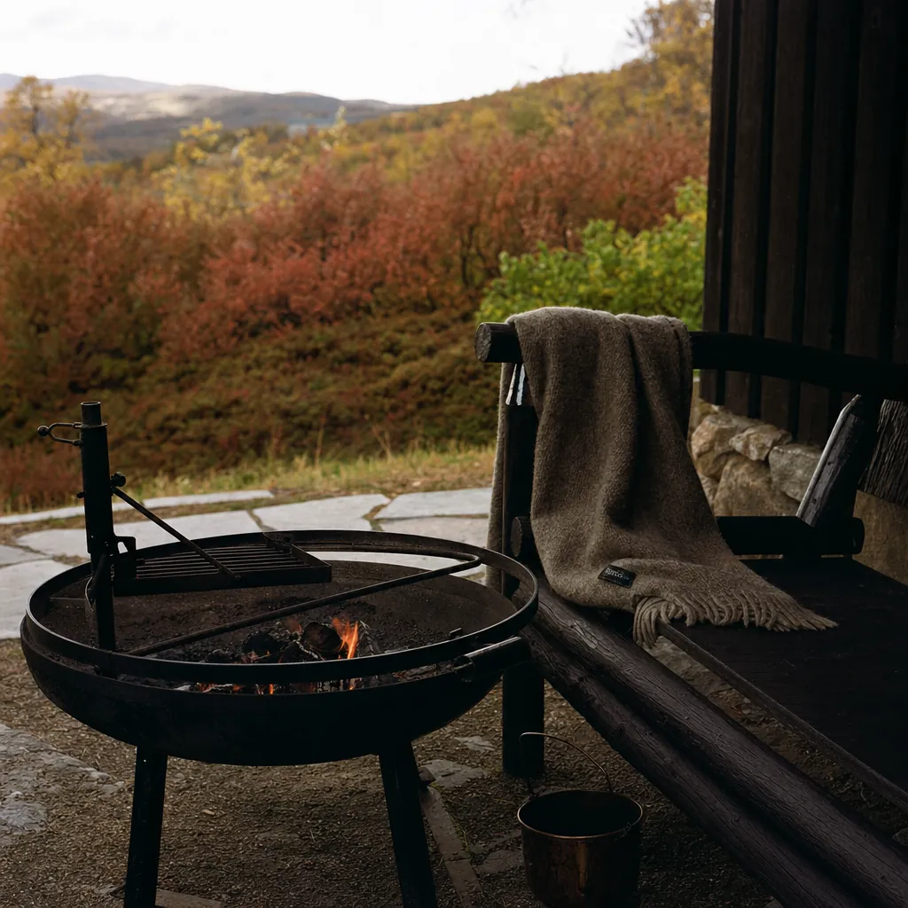 Cast-iron outdoor fire pit glowing with embers against a backdrop of ruska autumn colours, wool blanket on a wooden bench at the edge of a lodge