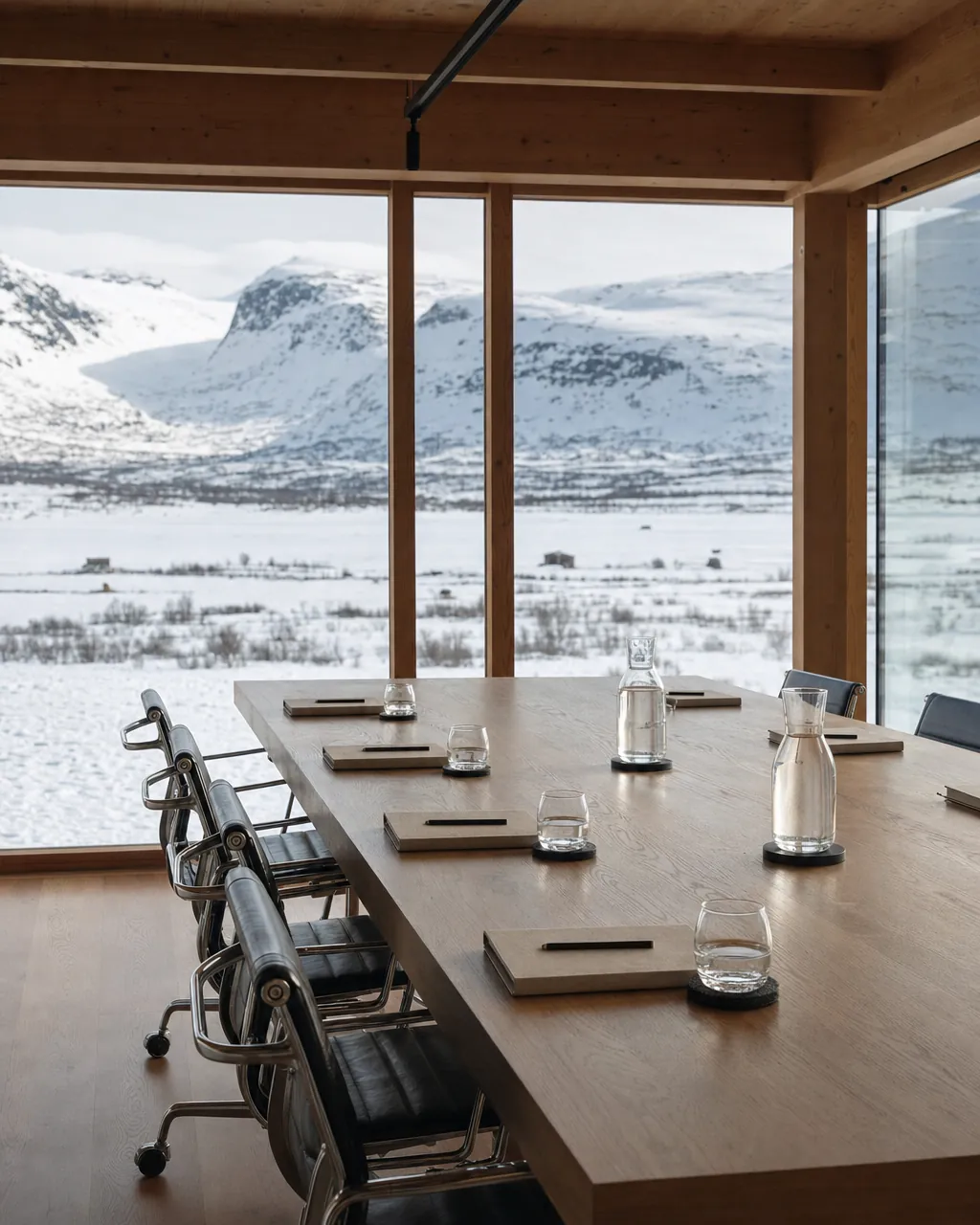 Minimalist private boardroom inside a timber lodge with floor-to-ceiling glass windows opening onto a snow-covered Arctic valley, oak table and linen notebooks