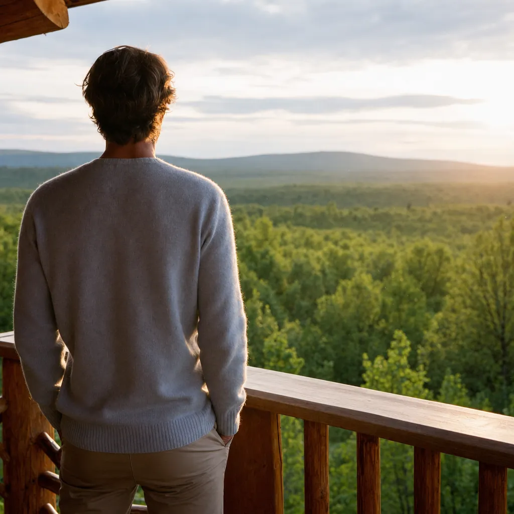 Single figure in cashmere on a lodge balcony at the midnight sun overlooking endless birch forest, warm directional light, back to camera