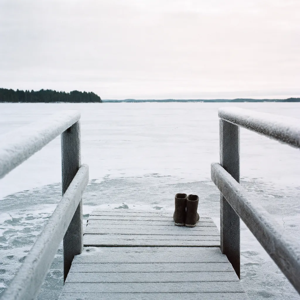 Weathered wooden sauna jetty extending onto a snow-dusted frozen lake in deep winter, frost on the handrails and a single pair of felt boots